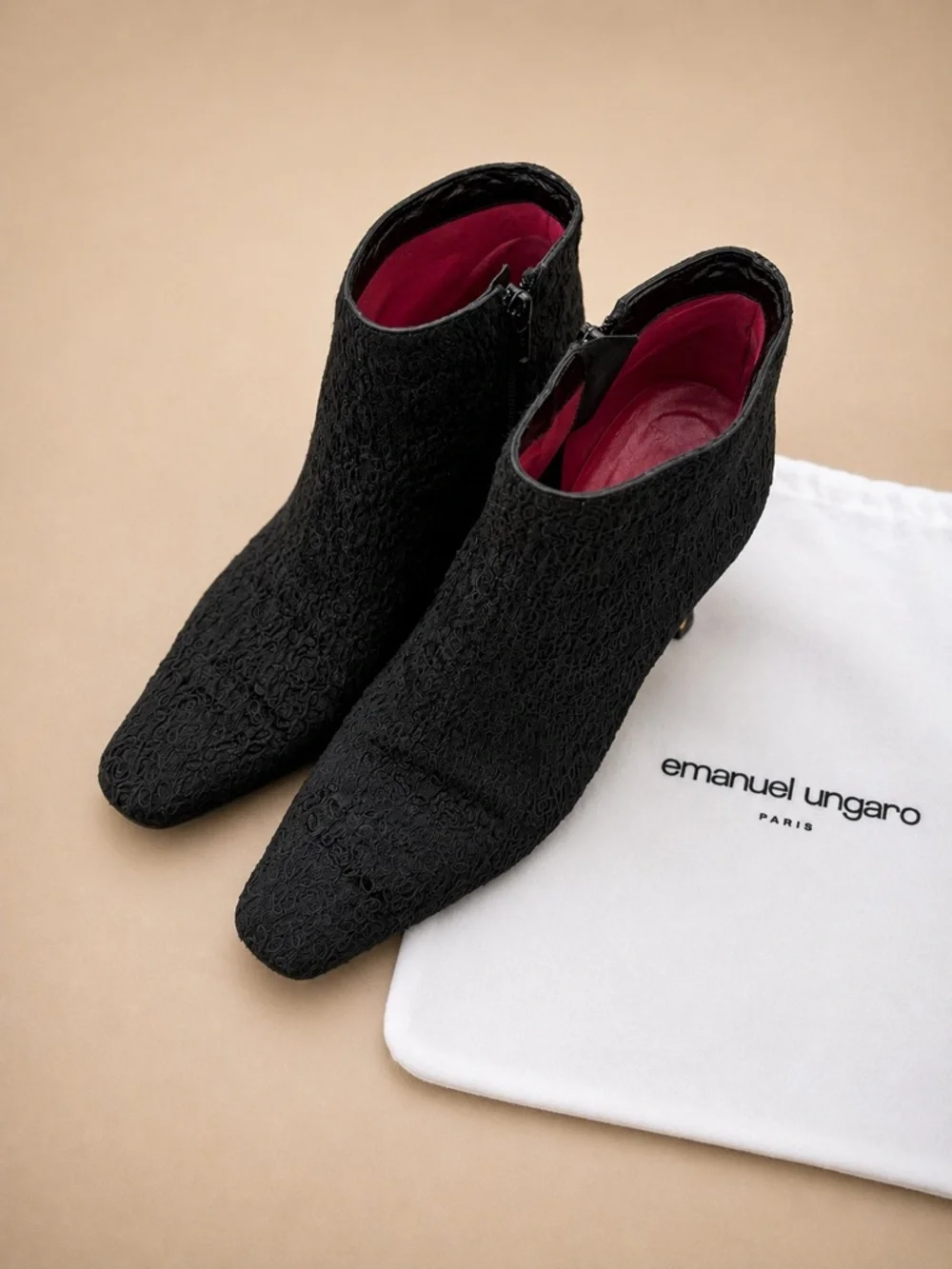 Emanuel Ungaro Paris Vintage Black Textured Kitten Heel Ankle Boots